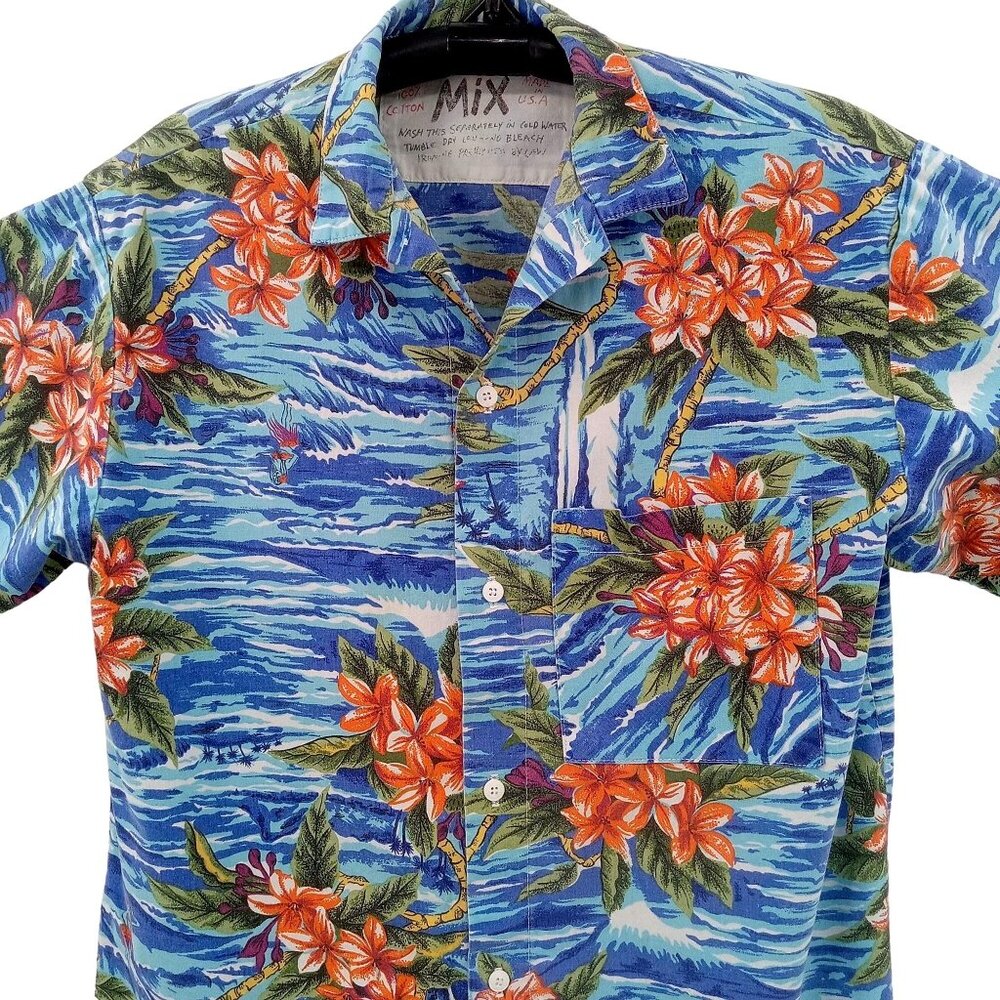 Vintage 80s Mix Active Culture USA Hawaiian Shirt Size L Cotton Blue Surf Beach